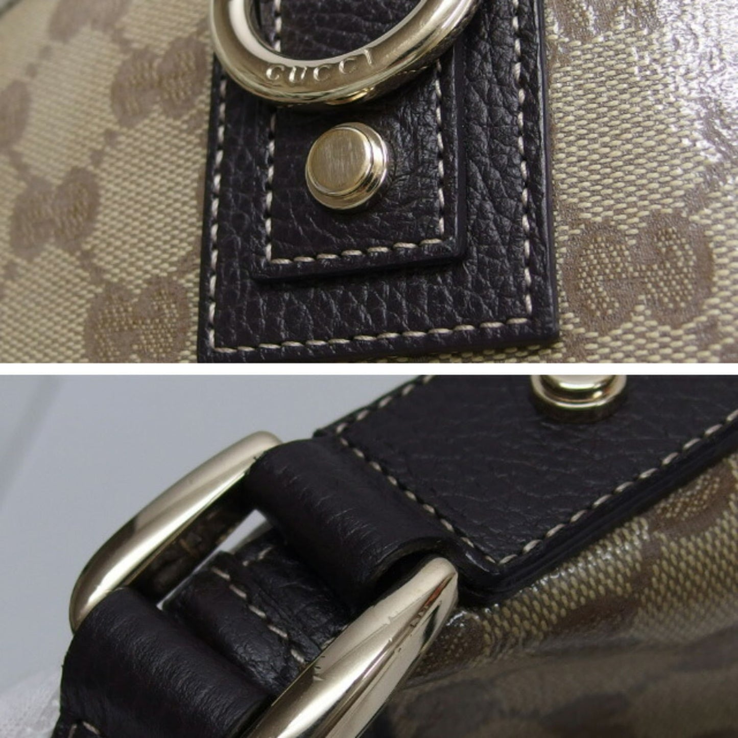 Gucci Beige Dark Brown Coated Canvas Leather Shoulder Bag ( )