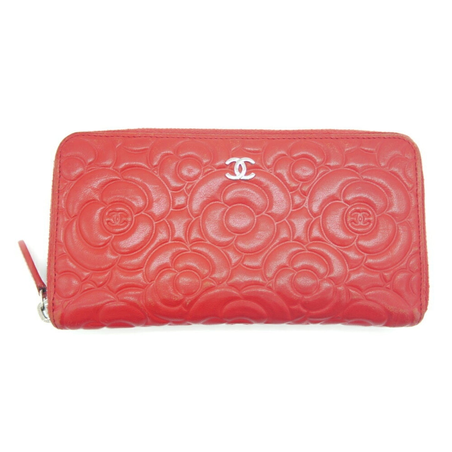 CHANEL camellia embossed round long wallet lambskin red A82281