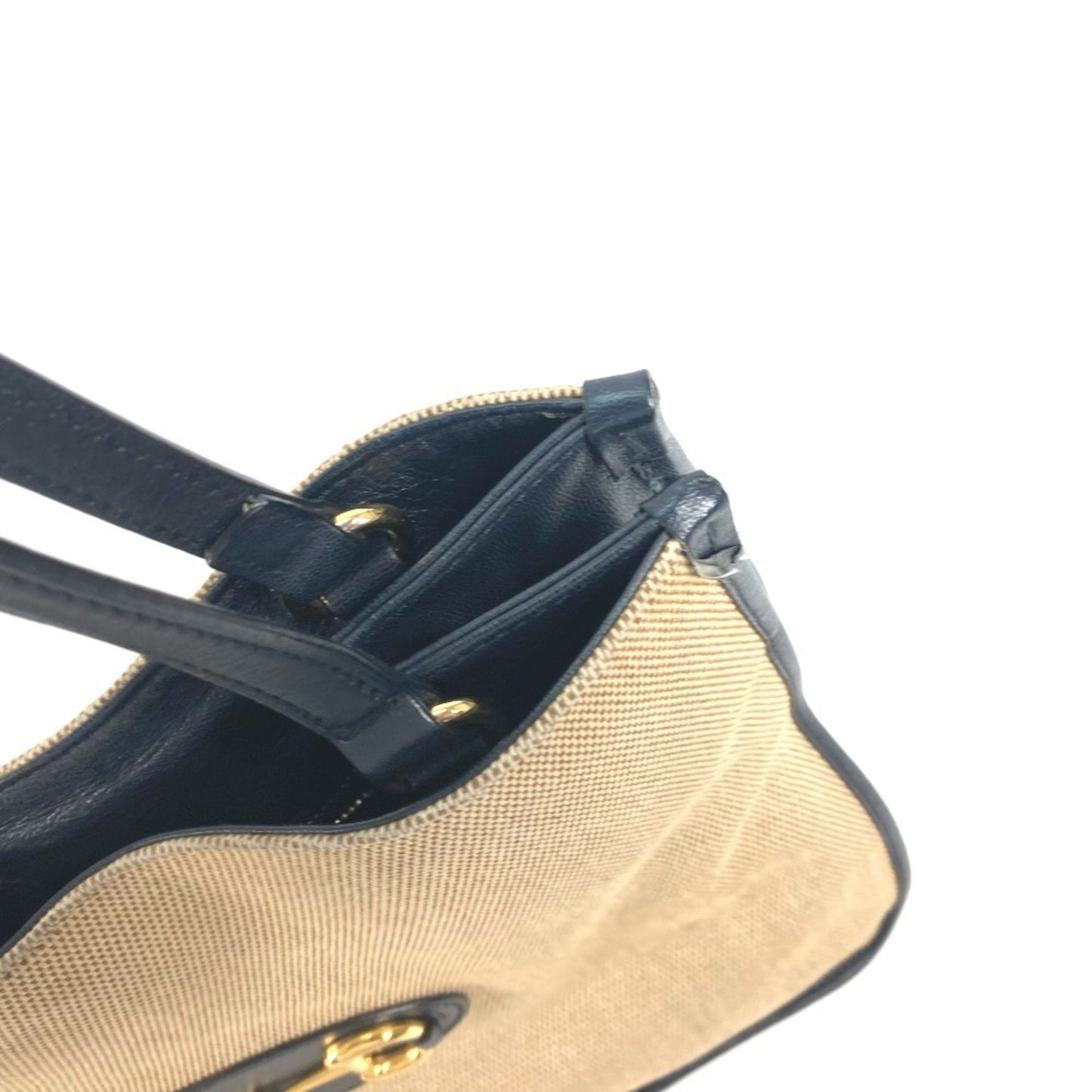 Gucci Beige Navy Canvas Leather Shoulder Bag Tote Bag ( )