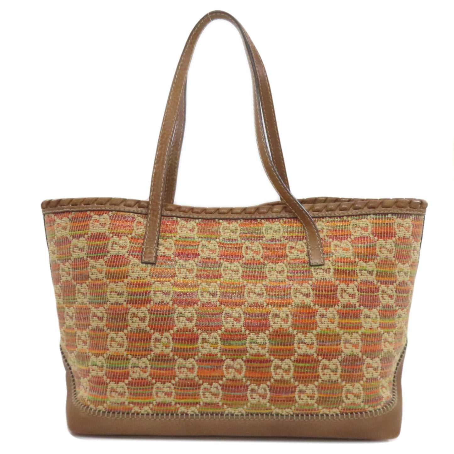 Gucci Blue Brown Orange Leather Straw Tote Bag ( )