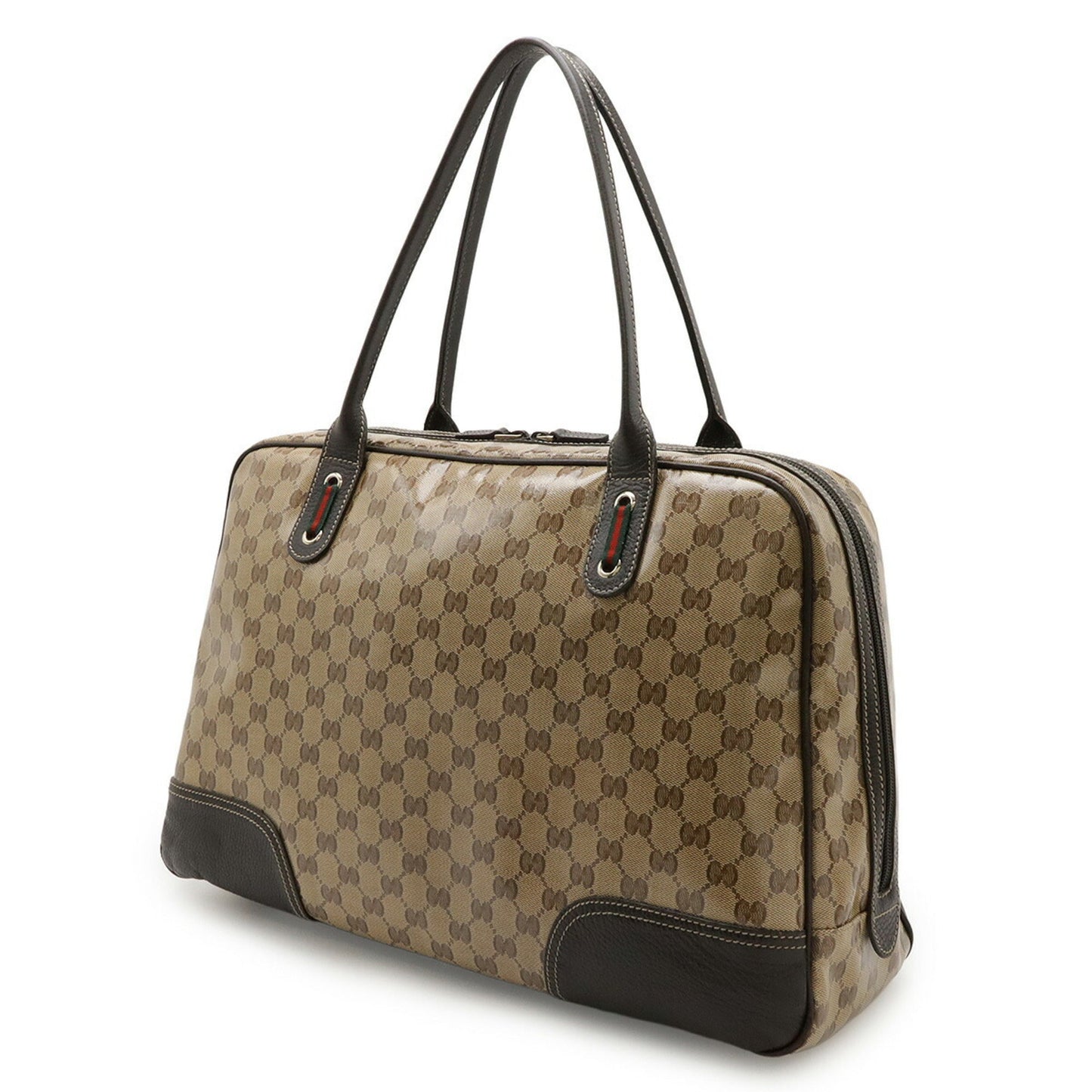 Gucci Beige Brown Dark Brown Green Khaki Red Color Coated Canvas Leather Boston Bag Handbag ( )