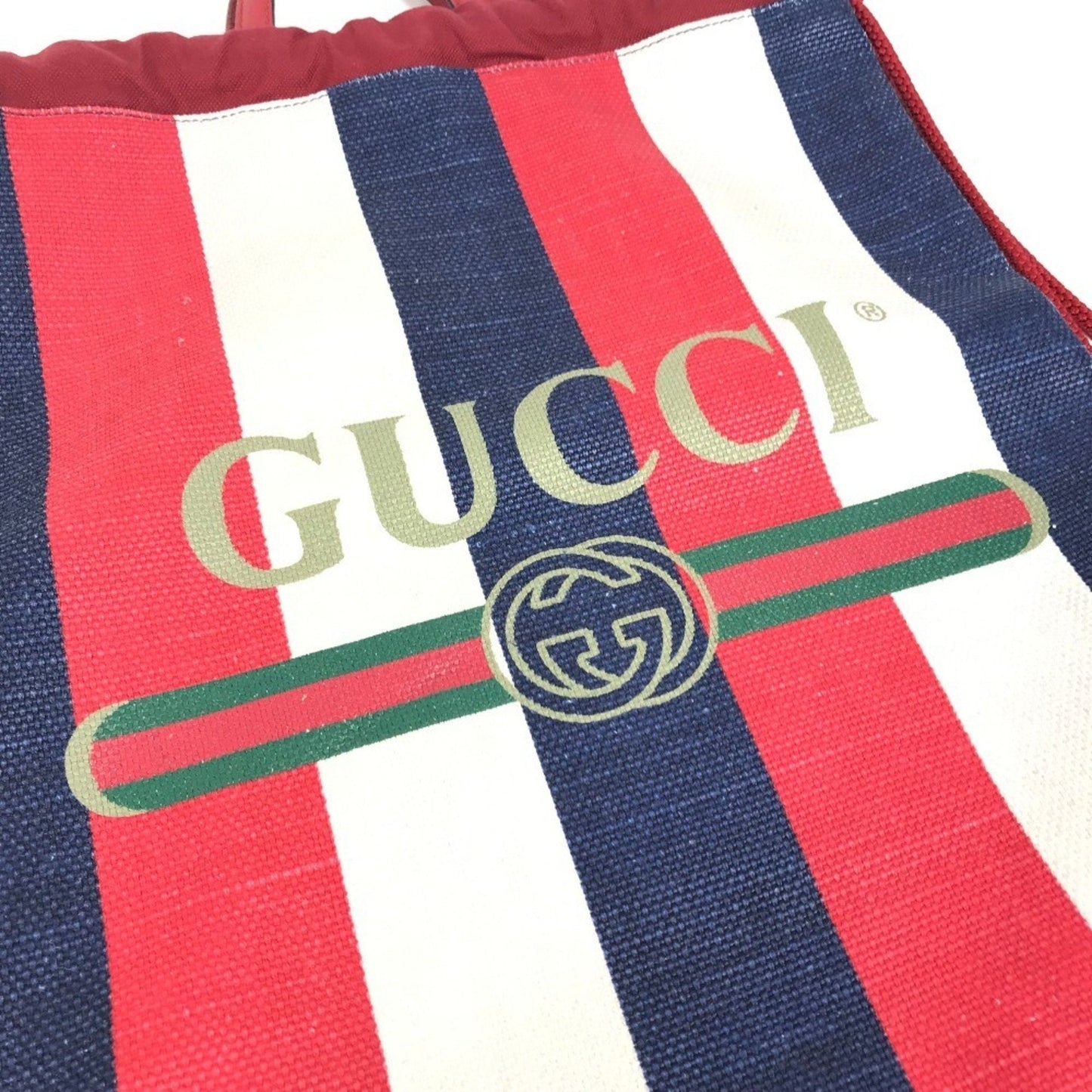 Gucci Navy Red Color White Leather Canvas Backpack Handbag Tote Bag ( )