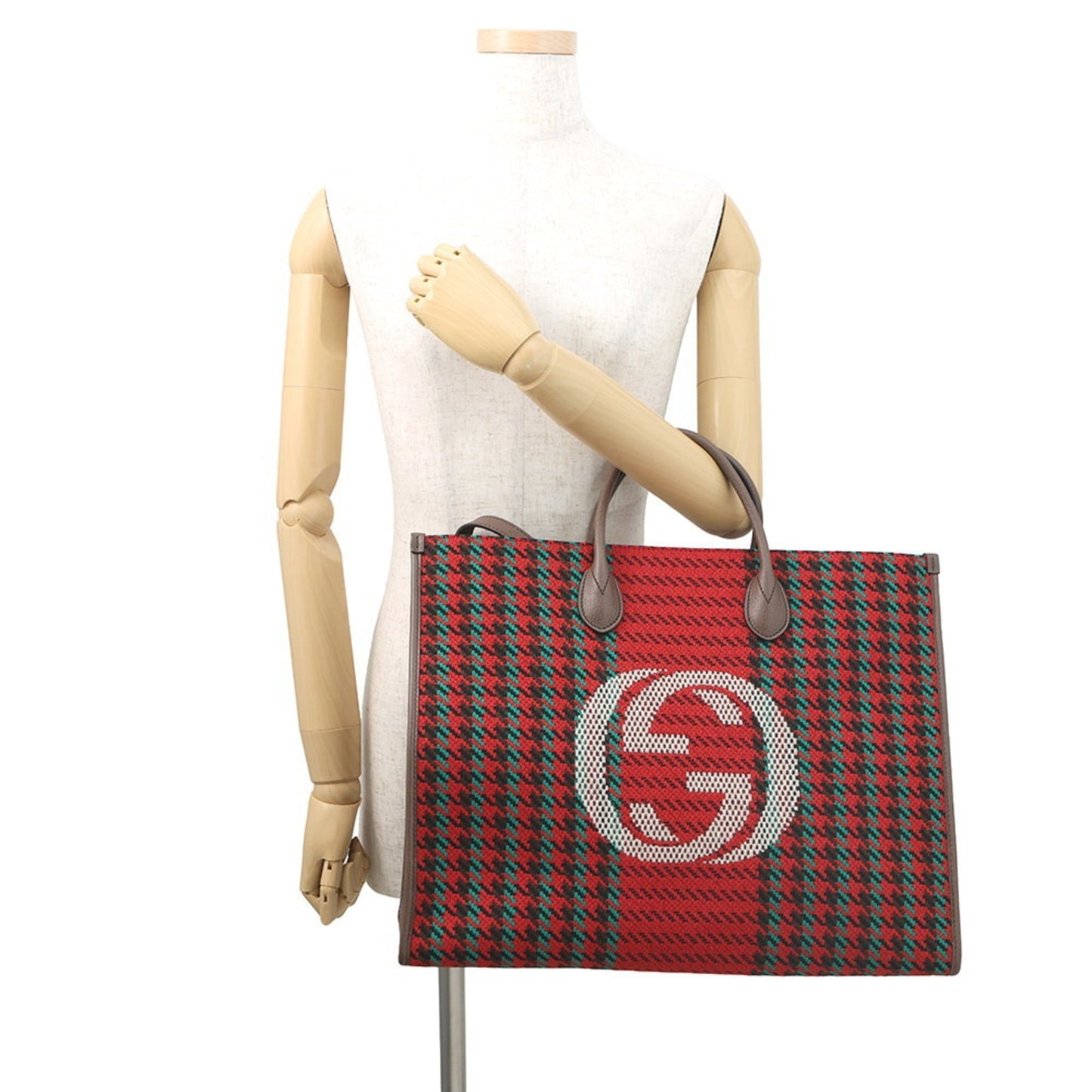Gucci Multi-Color Red Brown Tweed Leather Shoulder Bag Tote Bag ( )