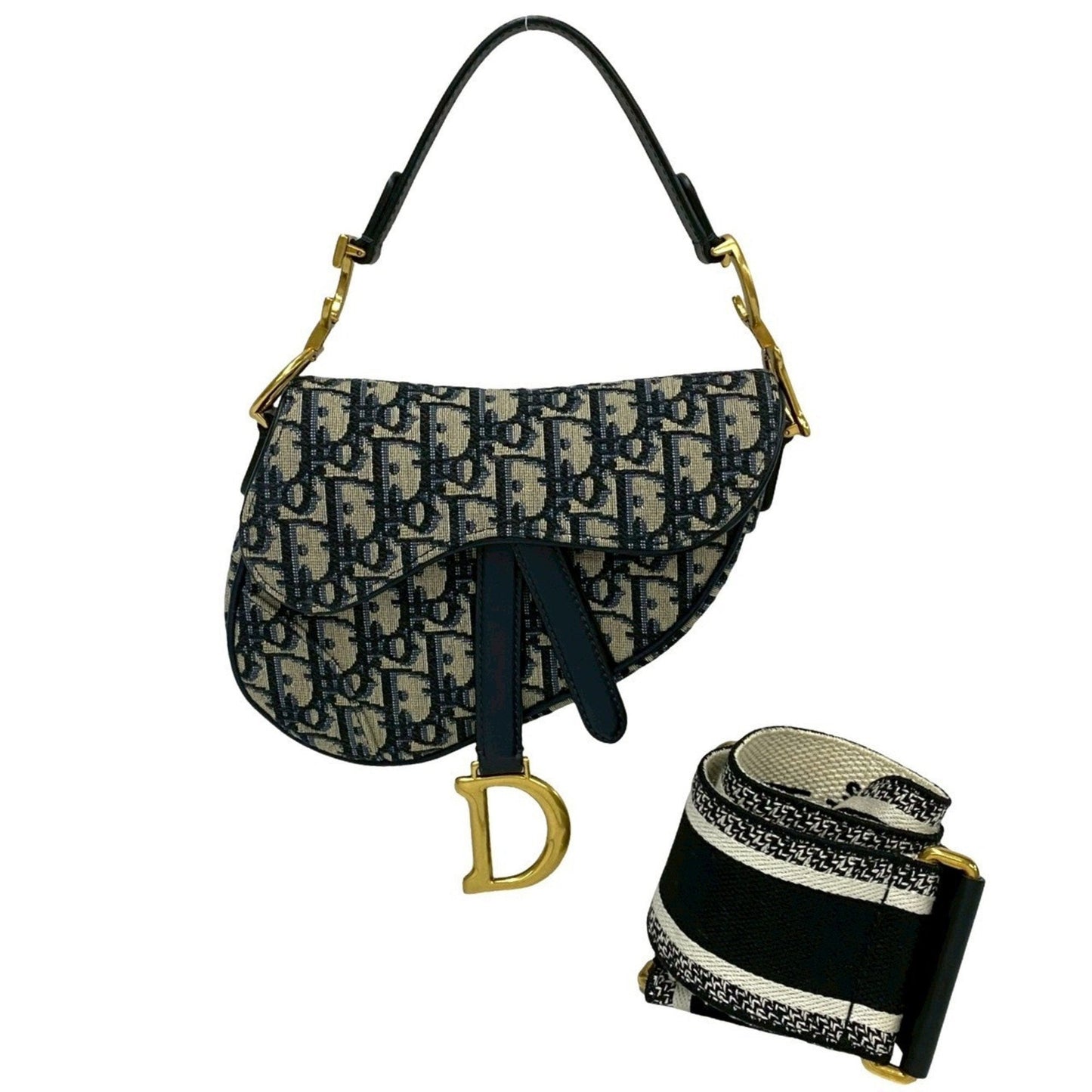 Christian Dior Navy Leather Canvas Saddle Bag Shoulder Bag ()