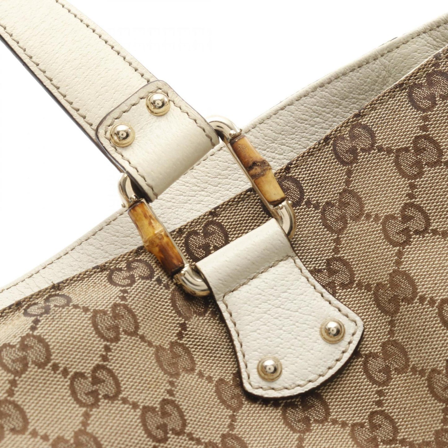 Gucci Beige White Canvas Leather Tote Bag ( )