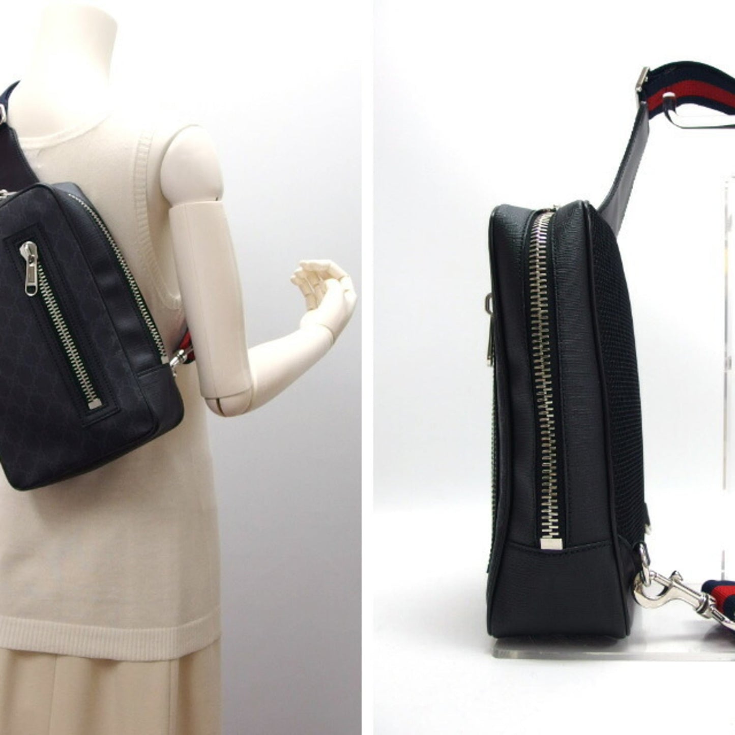 Gucci Black Navy Red Color Coated Canvas Leather Shoulder Bag Sling Bag ( )