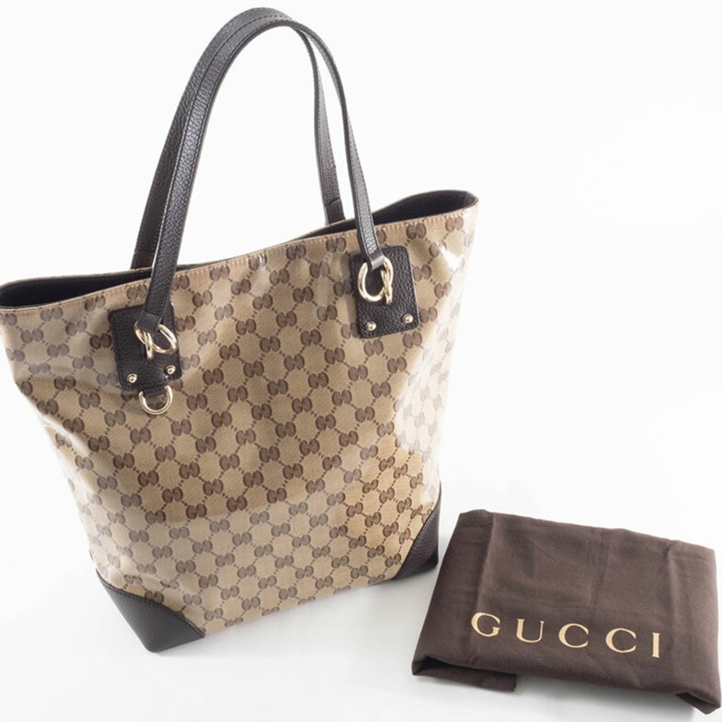 Gucci Beige Brown Pvc Canvas Leather Tote Bag ( )