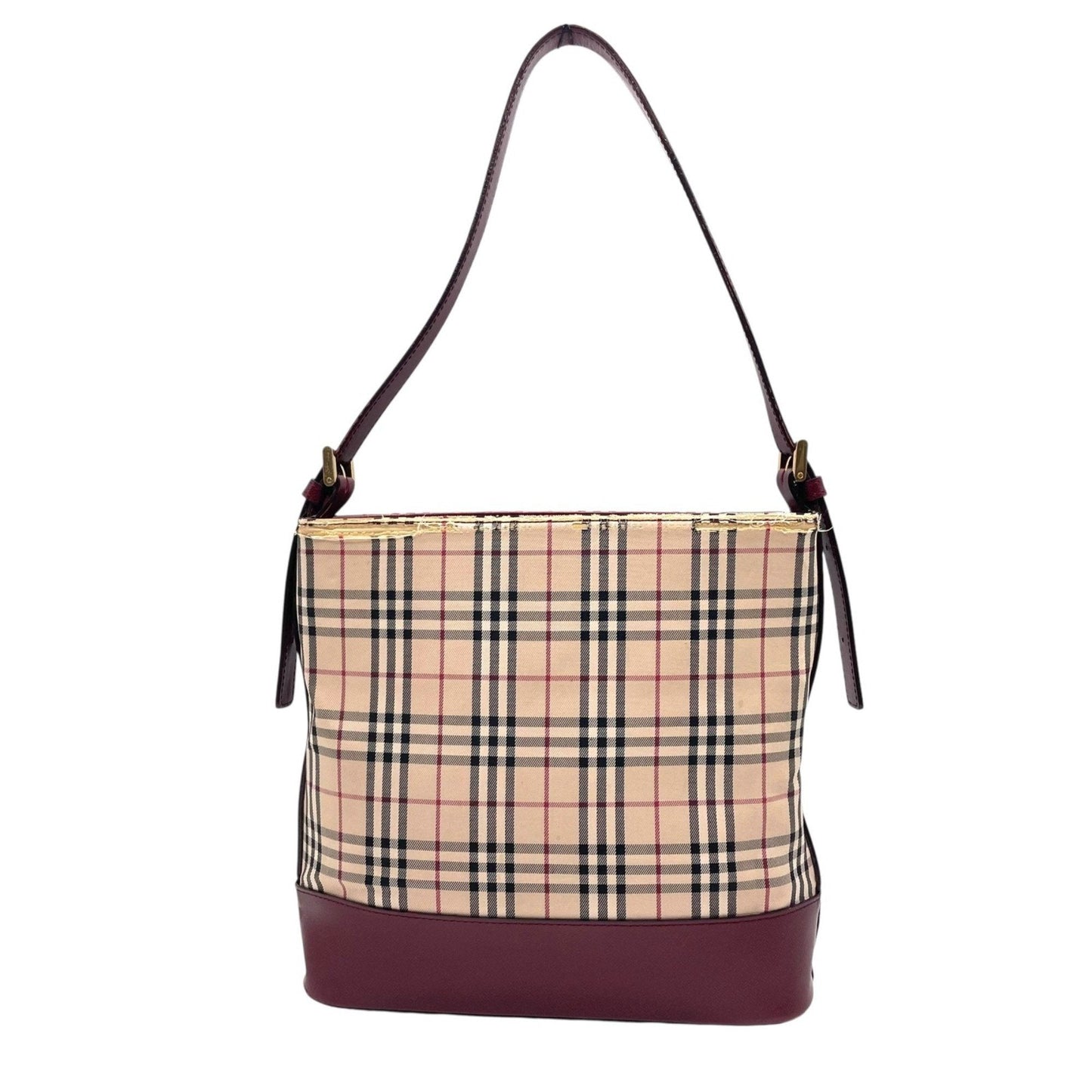Burberry Beige Bordeaux Red Color Canvas Leather Handbag Shoulder Bag ( )