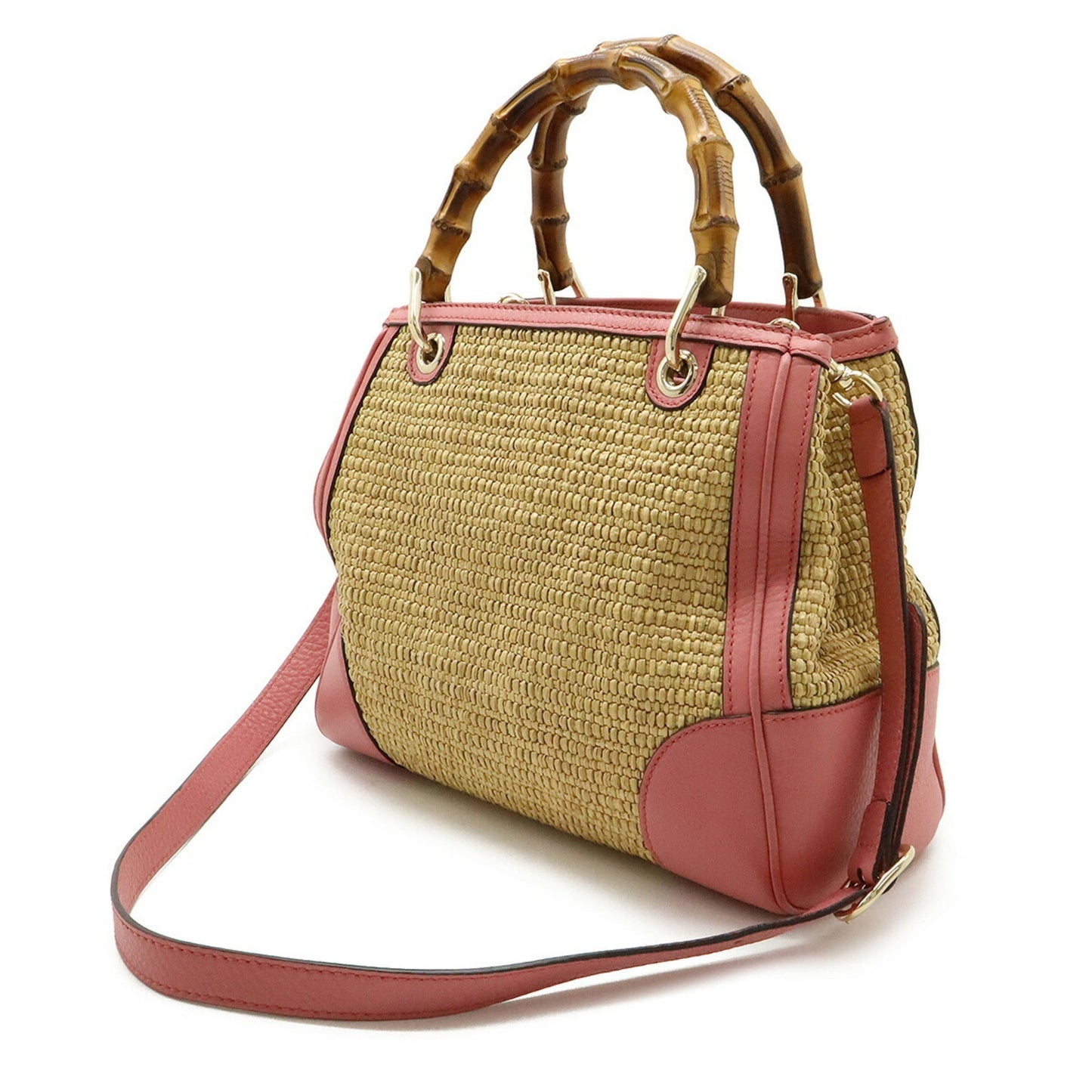 Gucci Pink Straw Leather Bamboo Handbag Shoulder Bag ( )