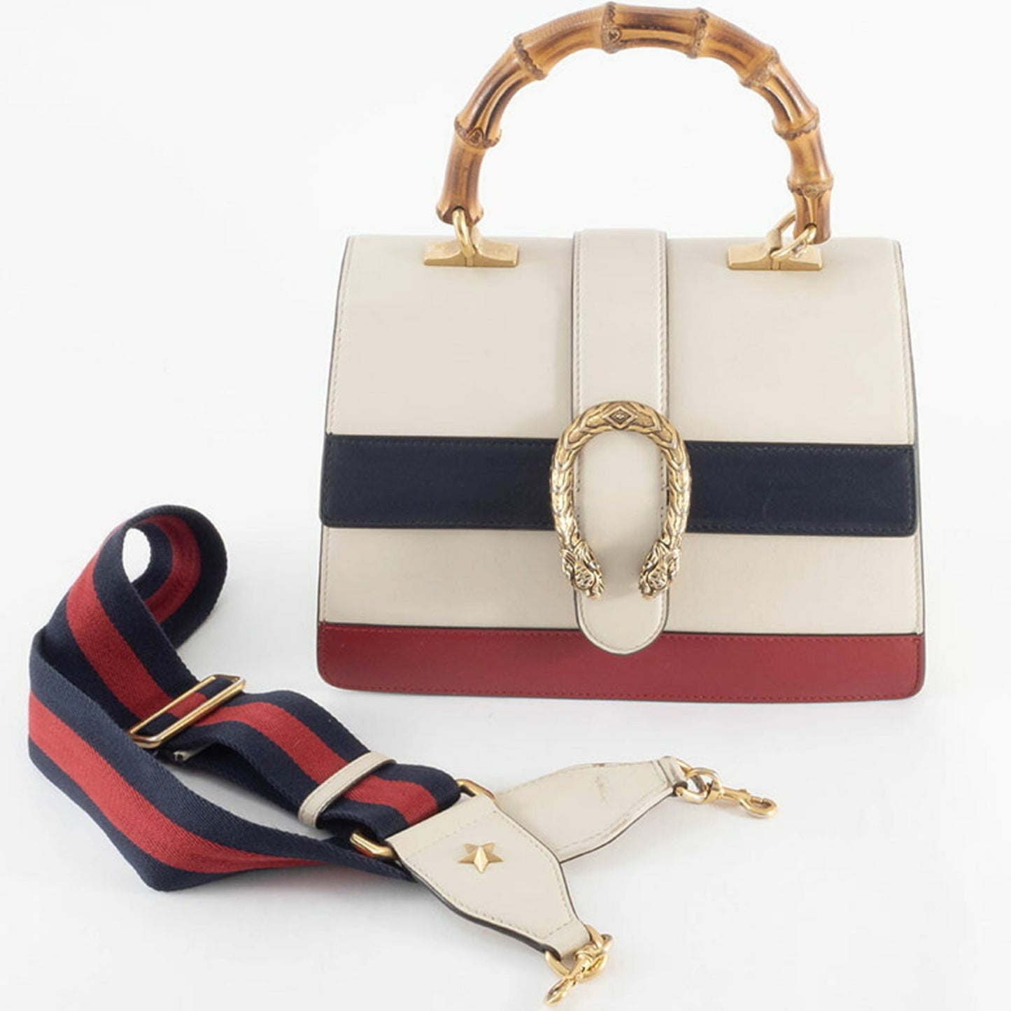 Gucci Ivory Navy Red Color Bamboo Leather Shoulder Bag ( )