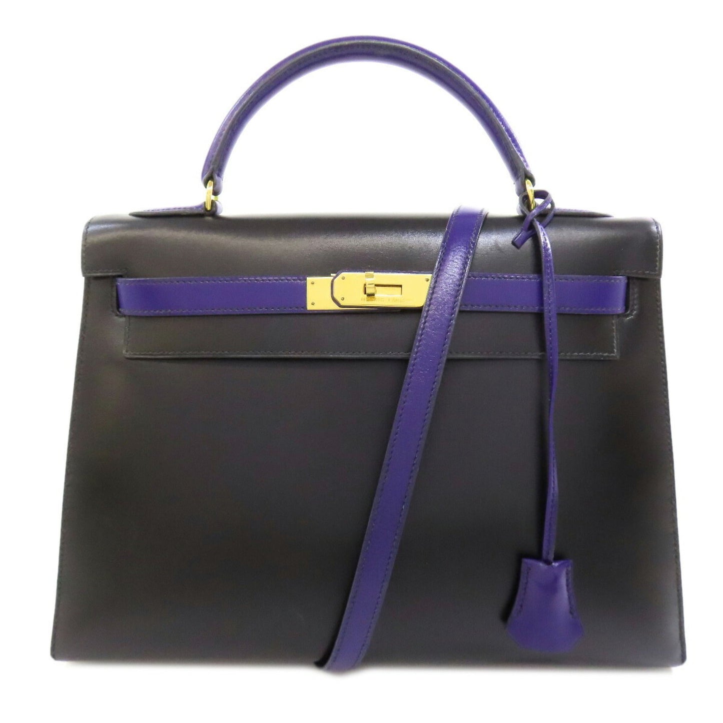 Hermes Kelly Black Bleu Saphir Box Calf Leather Handbag ( )