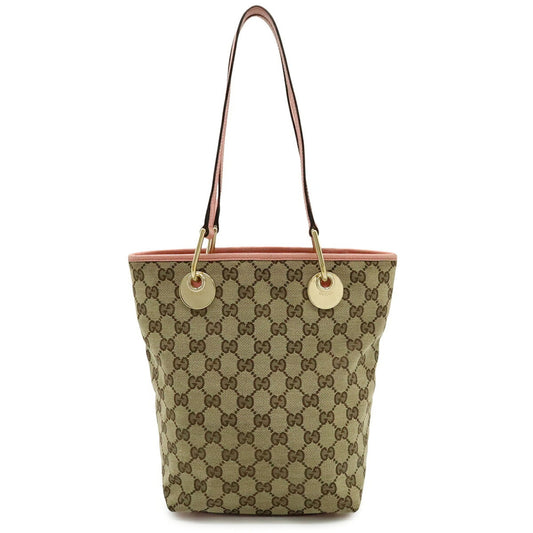 Gucci Beige Khaki Pink Canvas Leather Shoulder Bag Tote Bag ( )