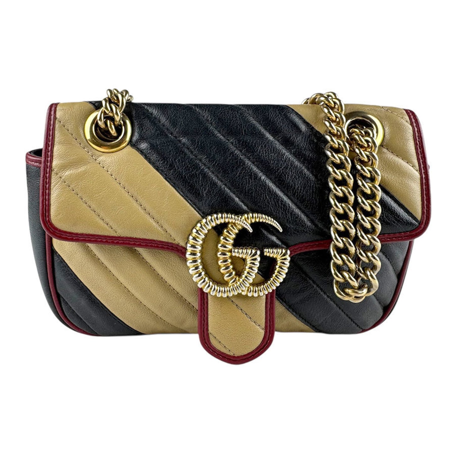 Gucci Beige Black Gold Leather Metal Shoulder Bag ( )