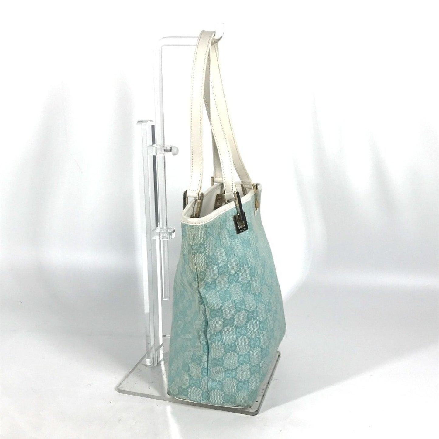 Gucci Blue White Canvas Leather Shoulder Bag Tote Bag ( )