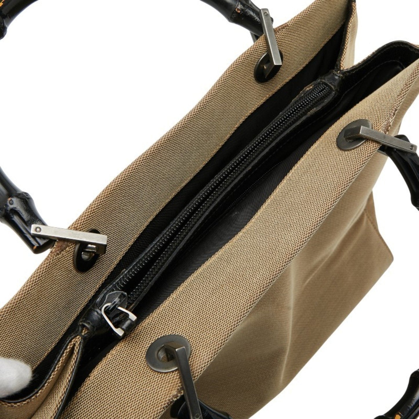 Gucci Bamboo Beige Black Canvas Handbag Tote Bag ( )