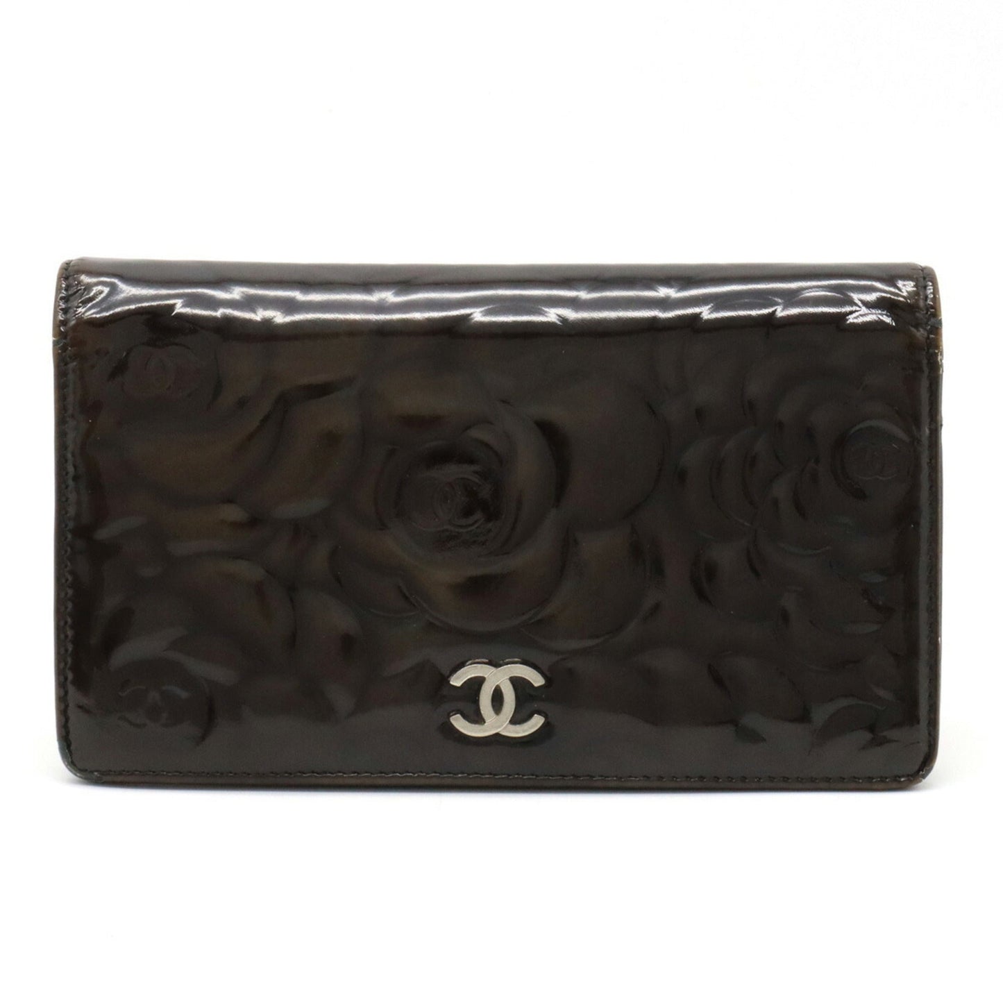 CHANEL Camellia Motif Here Mark Bifold Patent Leather Enamel Black A36544