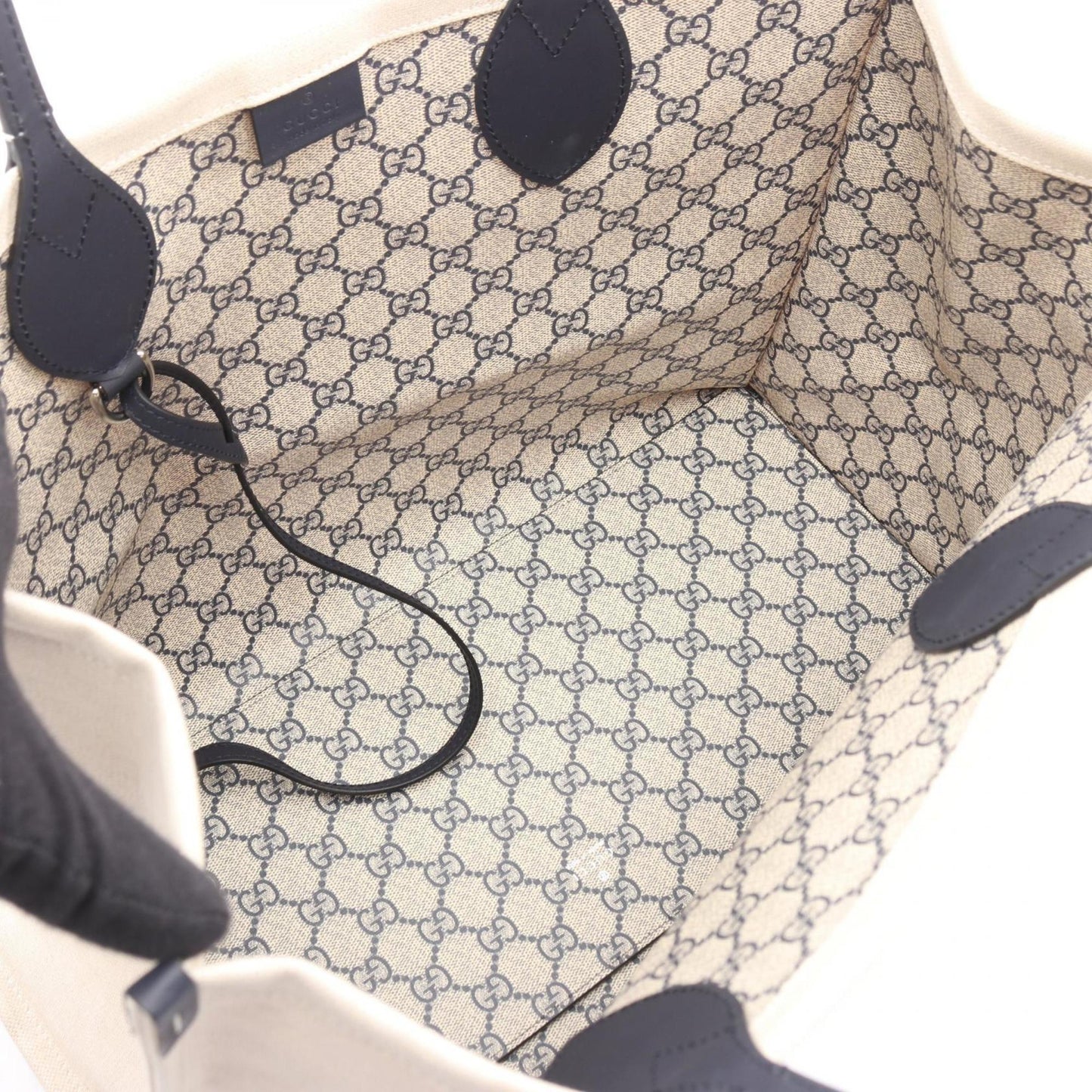 Gucci Ivory Navy Canvas Leather Tote Bag ( )