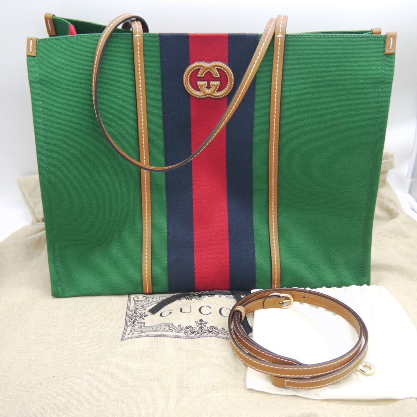 Gucci Green Canvas Leather Shoulder Bag Tote Bag ( )