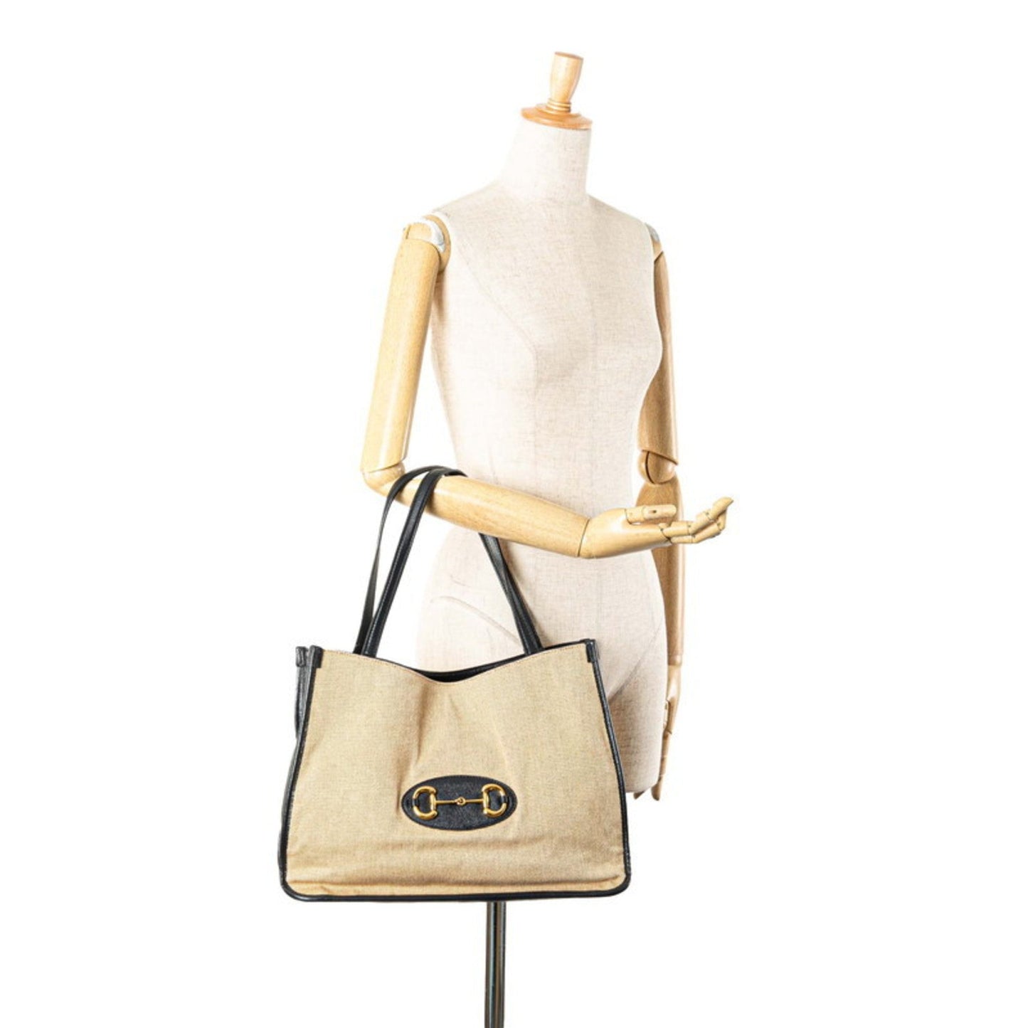 Gucci Beige Navy Canvas Leather Shoulder Bag Tote Bag ( )