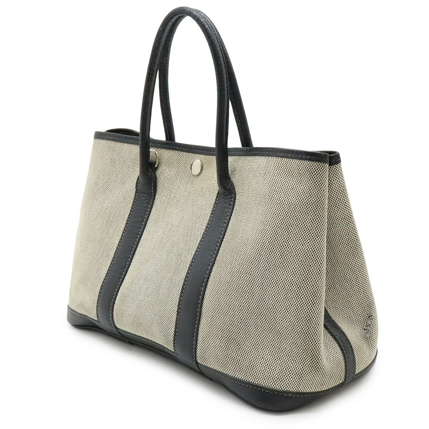 Hermes Garden Black Gray Toile H Leather Handbag Tote Bag ( )