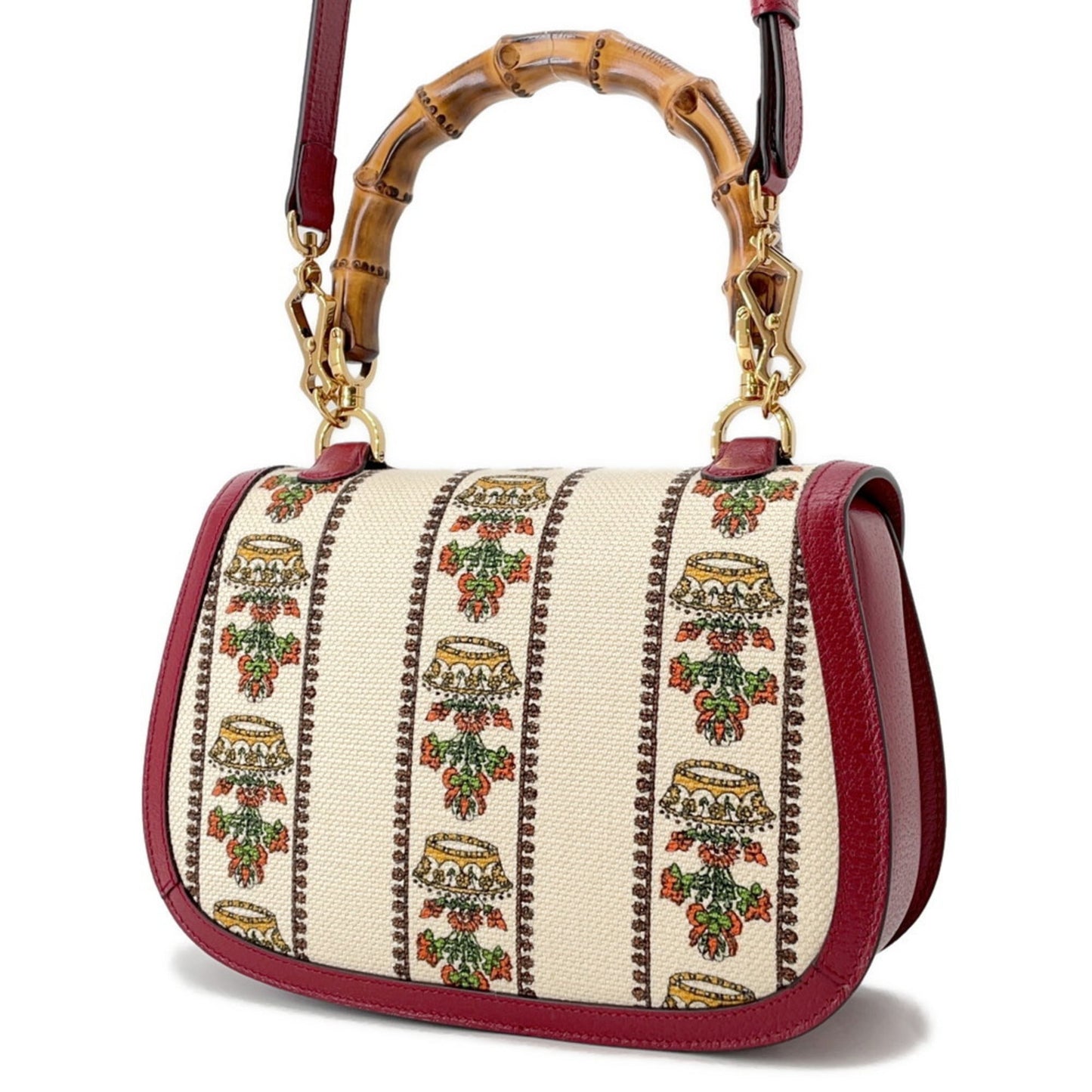 Gucci Ivory Red Color Leather Canvas Handbag ( )