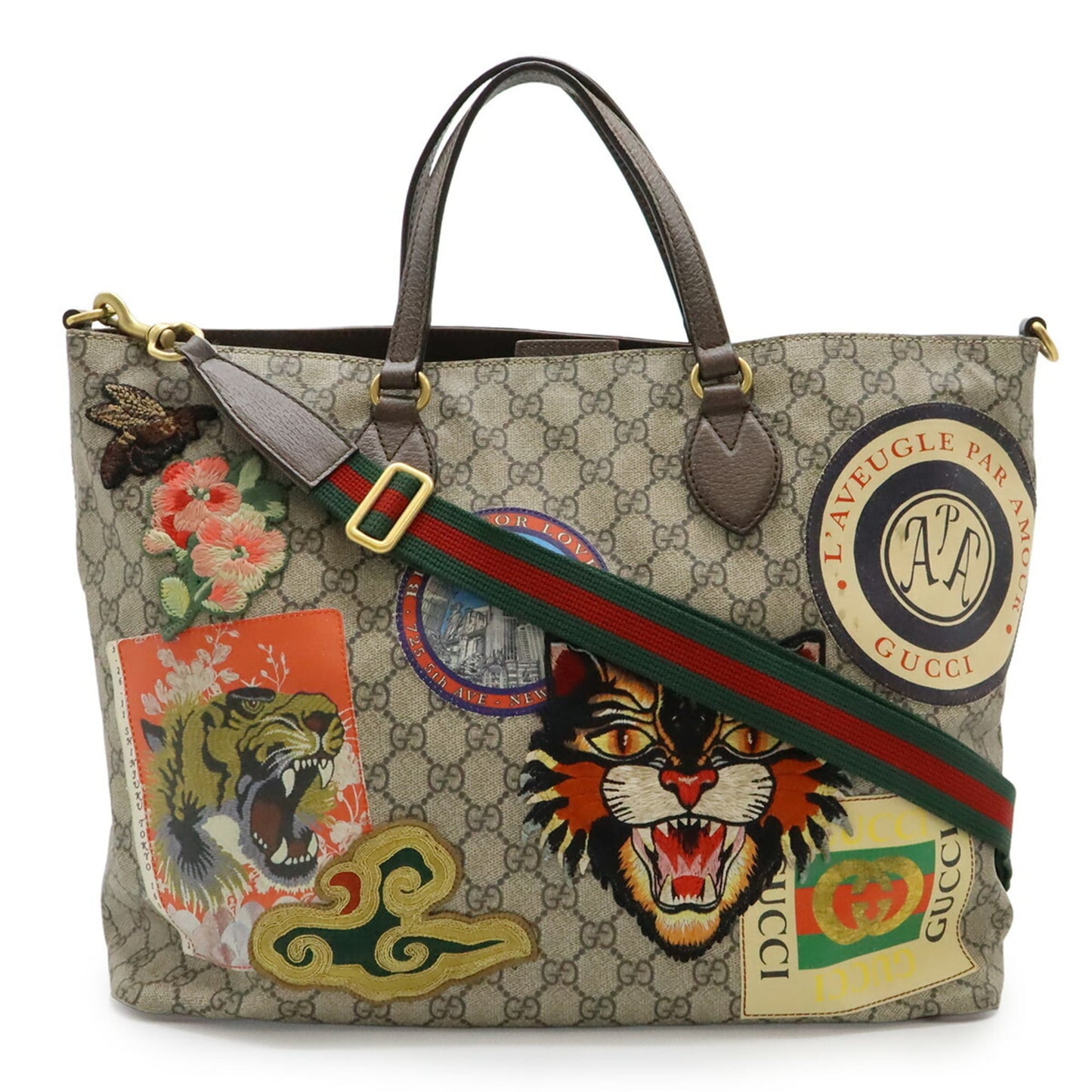 Gucci Beige Beige Brown Brown Multi-Color Gg Supreme Canvas Pvc Leather Shoulder Bag Tote Bag ( )