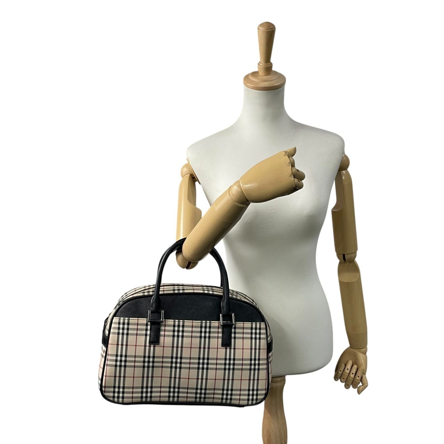 Burberry Beige Black Canvas Leather Boston Bag Handbag ( )