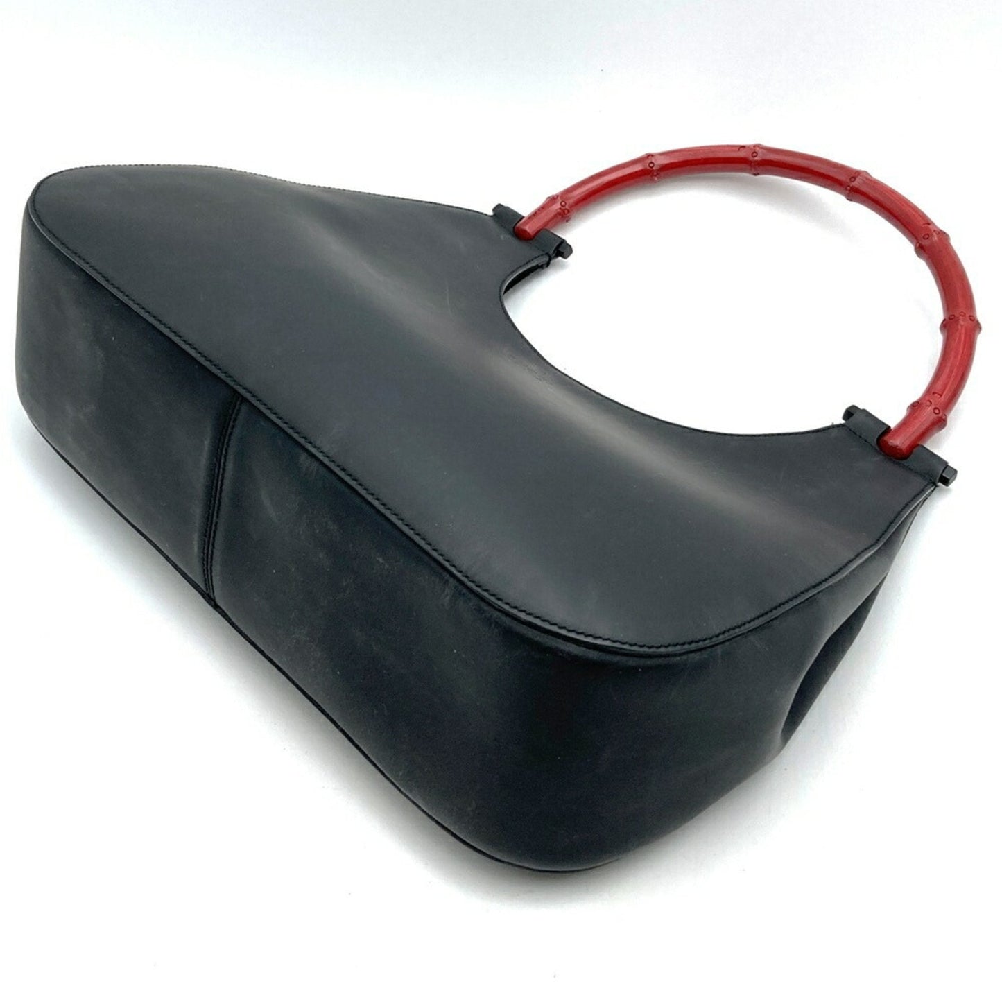 Gucci Black Red Color Leather Bamboo Shoulder Bag ( )