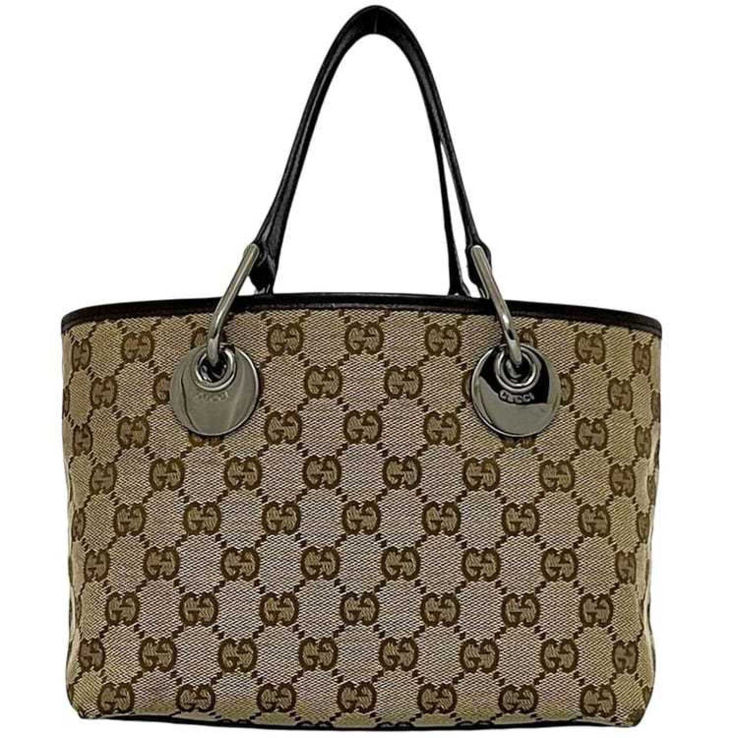 Gucci Beige Brown Canvas Leather Handbag Tote Bag ( )