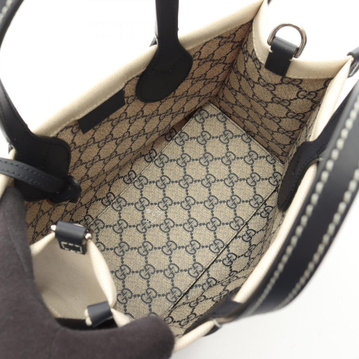 Gucci Ivory Navy Canvas Leather Pouch Tote Bag ( )