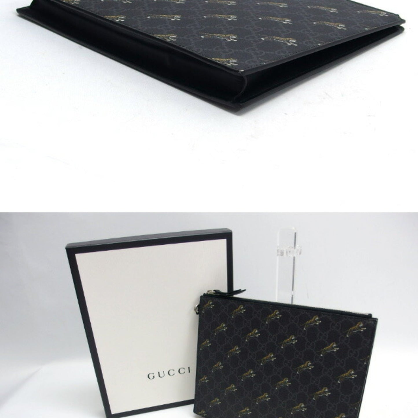 Gucci Black Charcoal Gray Yellow Coated Canvas Leather Clutch Bag Pouch ( )