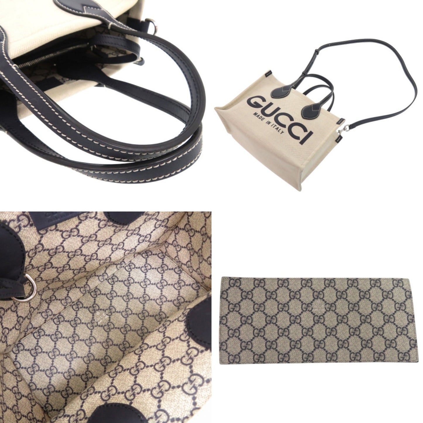 Gucci Navy Canvas Leather Tote Bag ( )