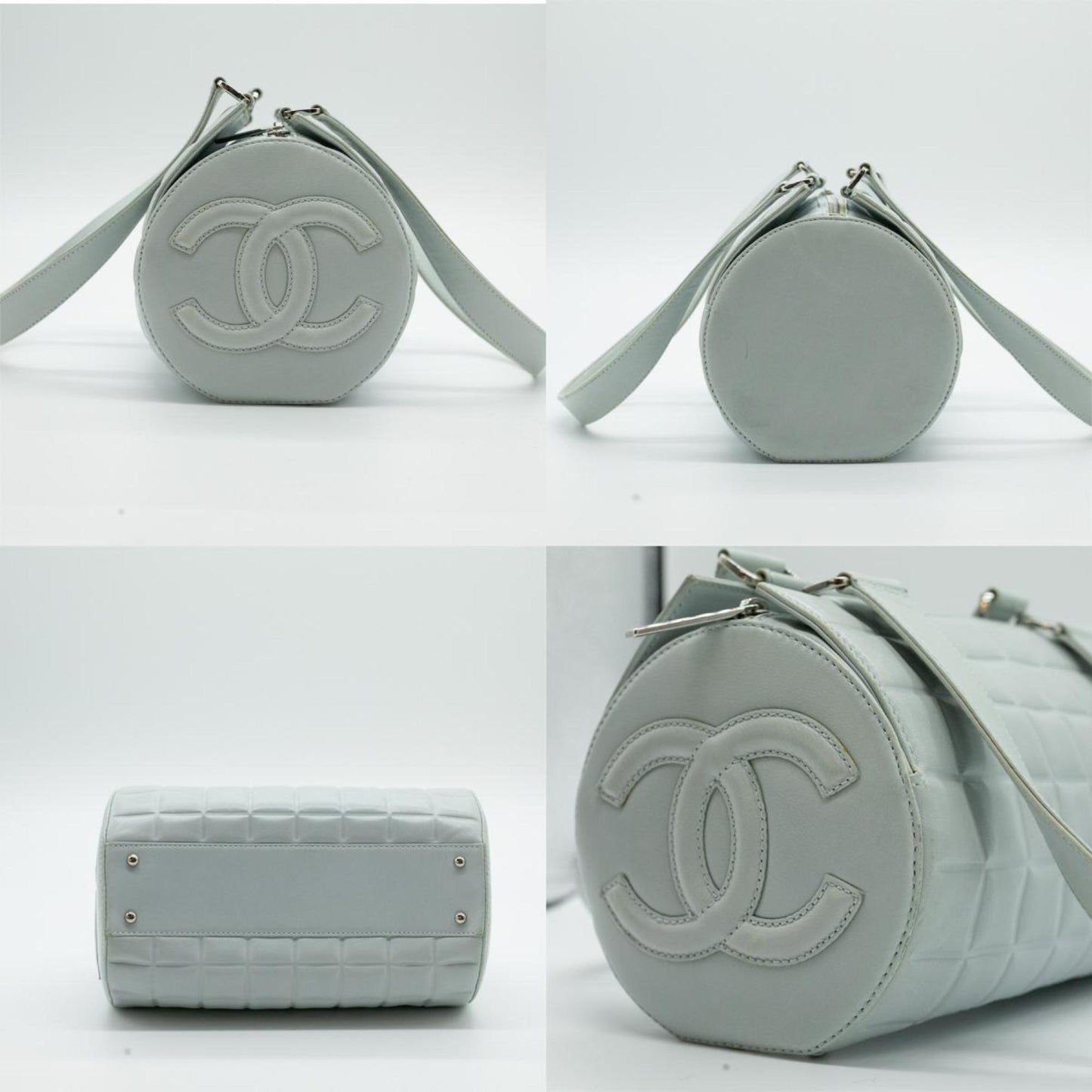 CHANEL Boston Bag Chocolate Bar Coco Mark Leather Light Blue Silver Women's PD292