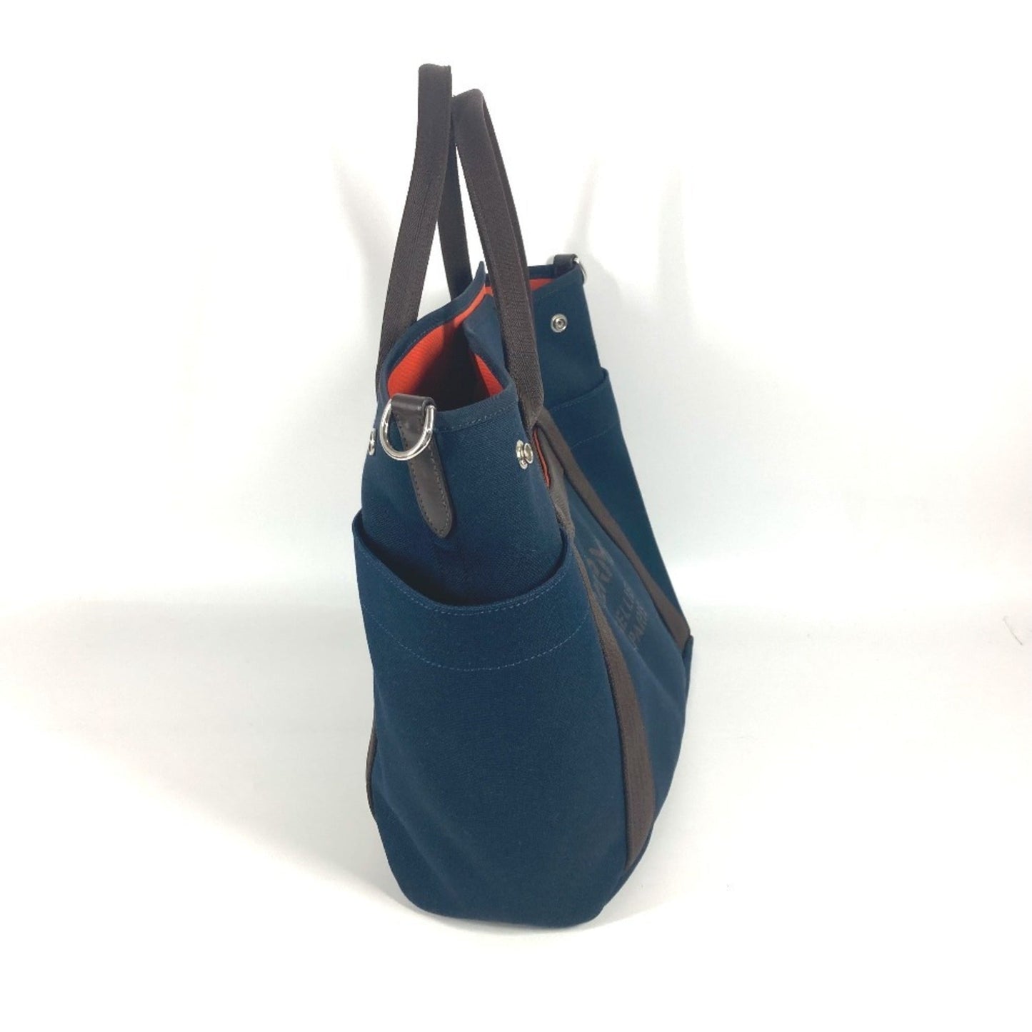 Hermes Navy Orange Leather Canvas Shoulder Bag Tote Bag ( )
