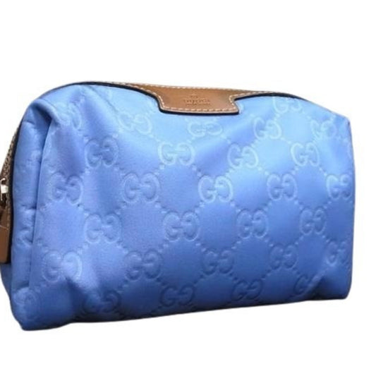 Gucci Brown Light Blue Nylon Leather Clutch Bag Wash Bag ( )