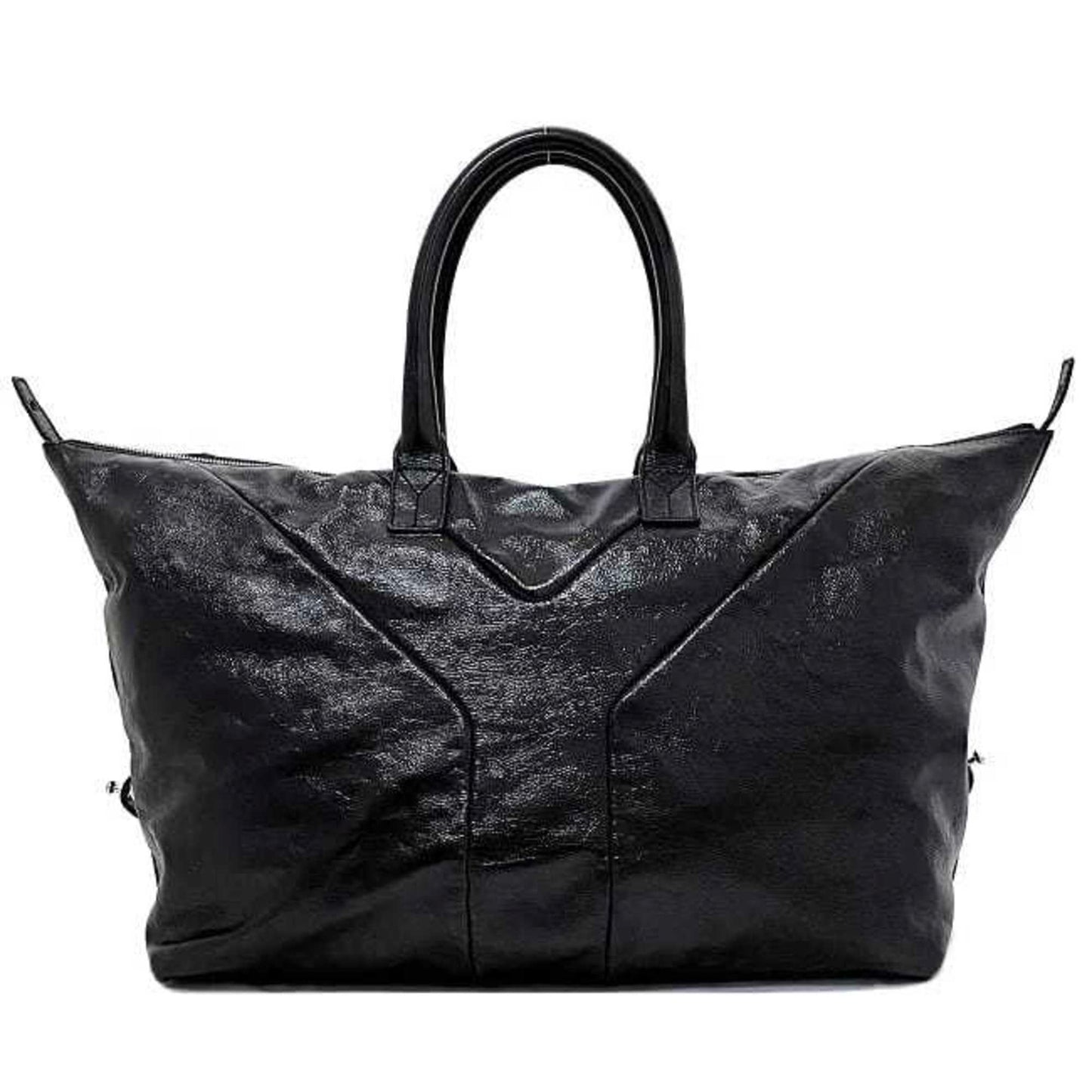 Yves Saint Laurent Easy Boston Embroidery Stitch Y Tote Bag in Black Patent Leather
