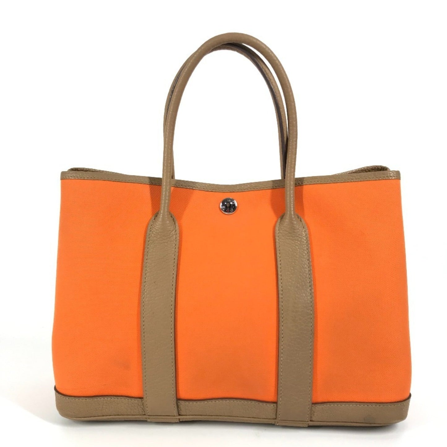 Hermes Garden Brown Orange Toile Officier Negonda Leather Handbag Tote Bag ( )