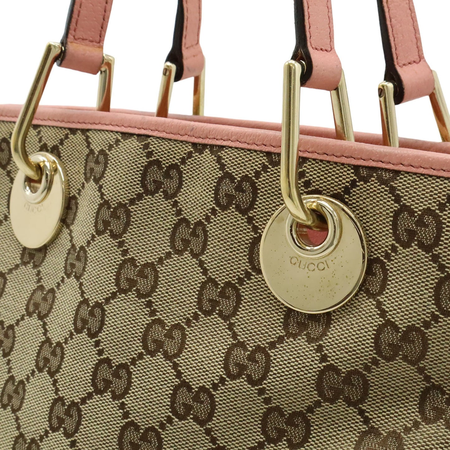 Gucci Beige Khaki Pink Canvas Leather Shoulder Bag Tote Bag ( )