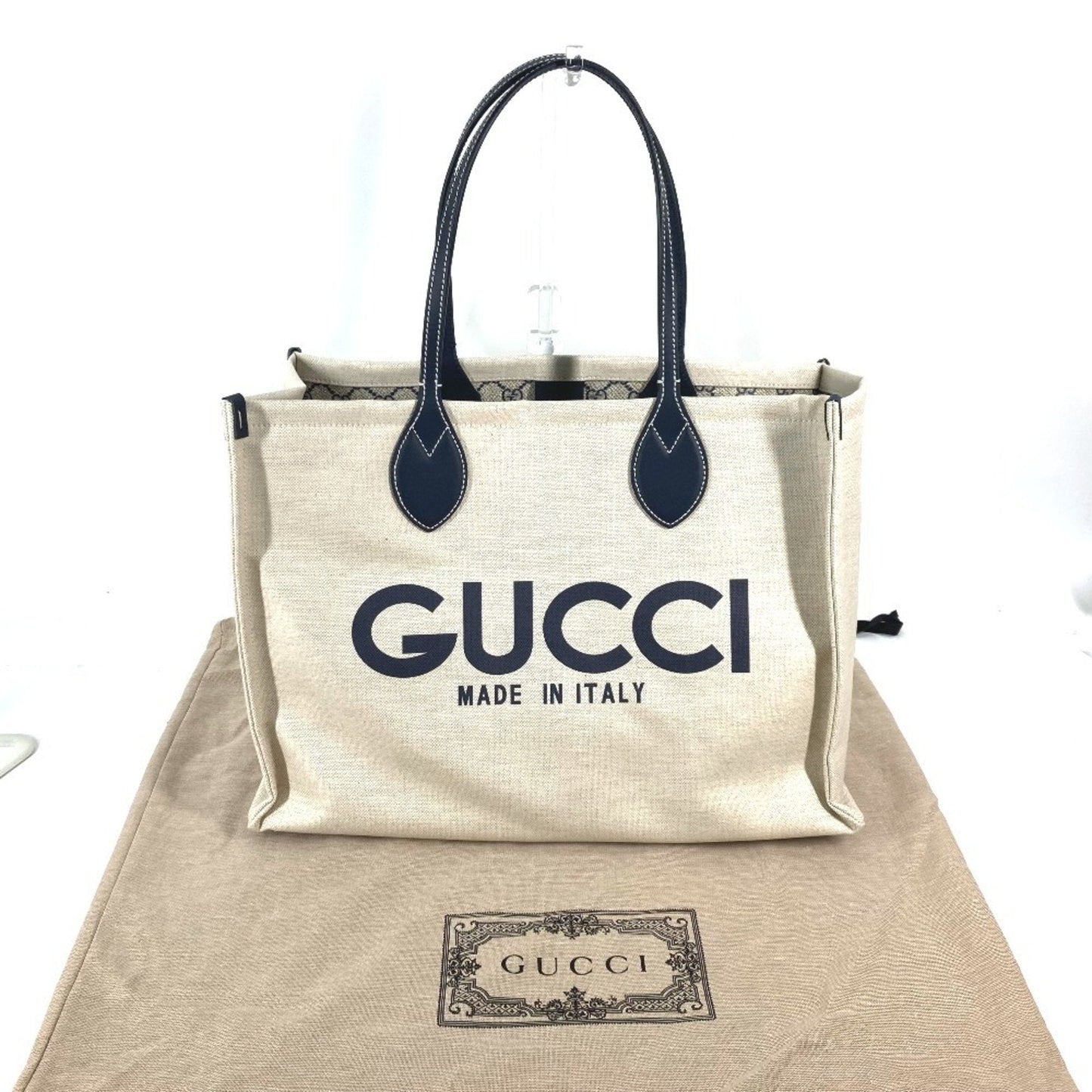 Gucci Beige Black Dark Navy Canvas Leather Shoulder Bag Tote Bag ( )
