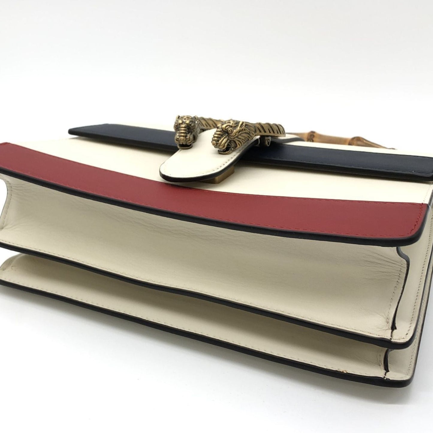Gucci Ivory Navy Red Color Bamboo Leather Handbag ( )