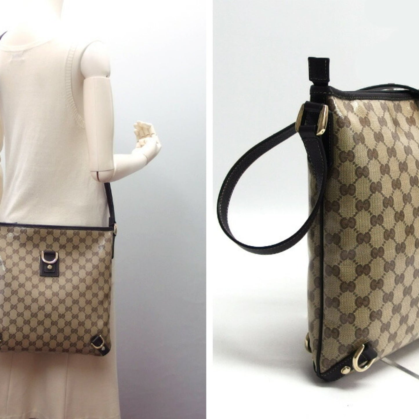 Gucci Beige Dark Brown Coated Canvas Leather Shoulder Bag ( )