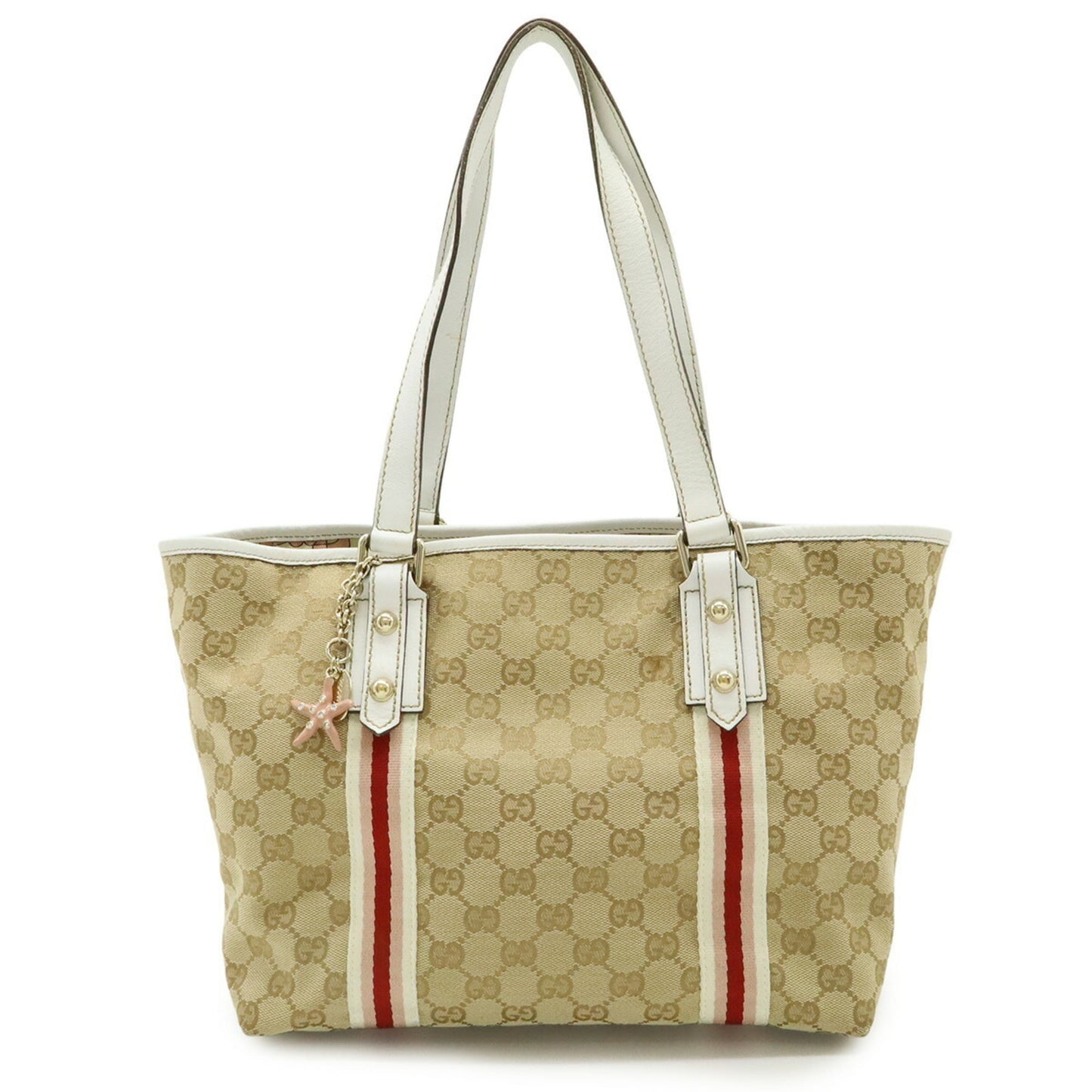 Gucci Beige Khaki White Canvas Leather Shoulder Bag Tote Bag ( )