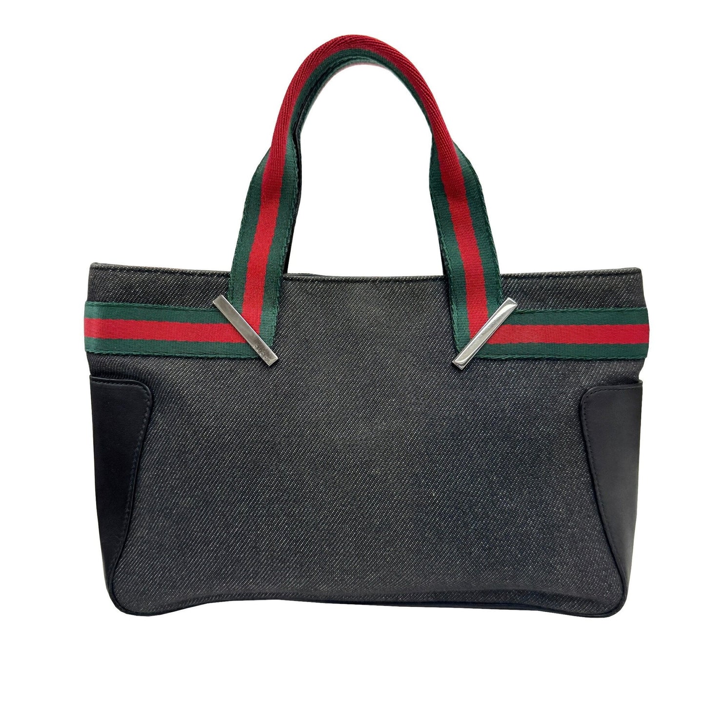 Gucci Sherry Line Black Denim Leather Handbag Tote Bag ( )