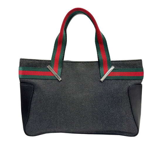 Gucci Sherry Line Black Denim Leather Handbag Tote Bag ( )