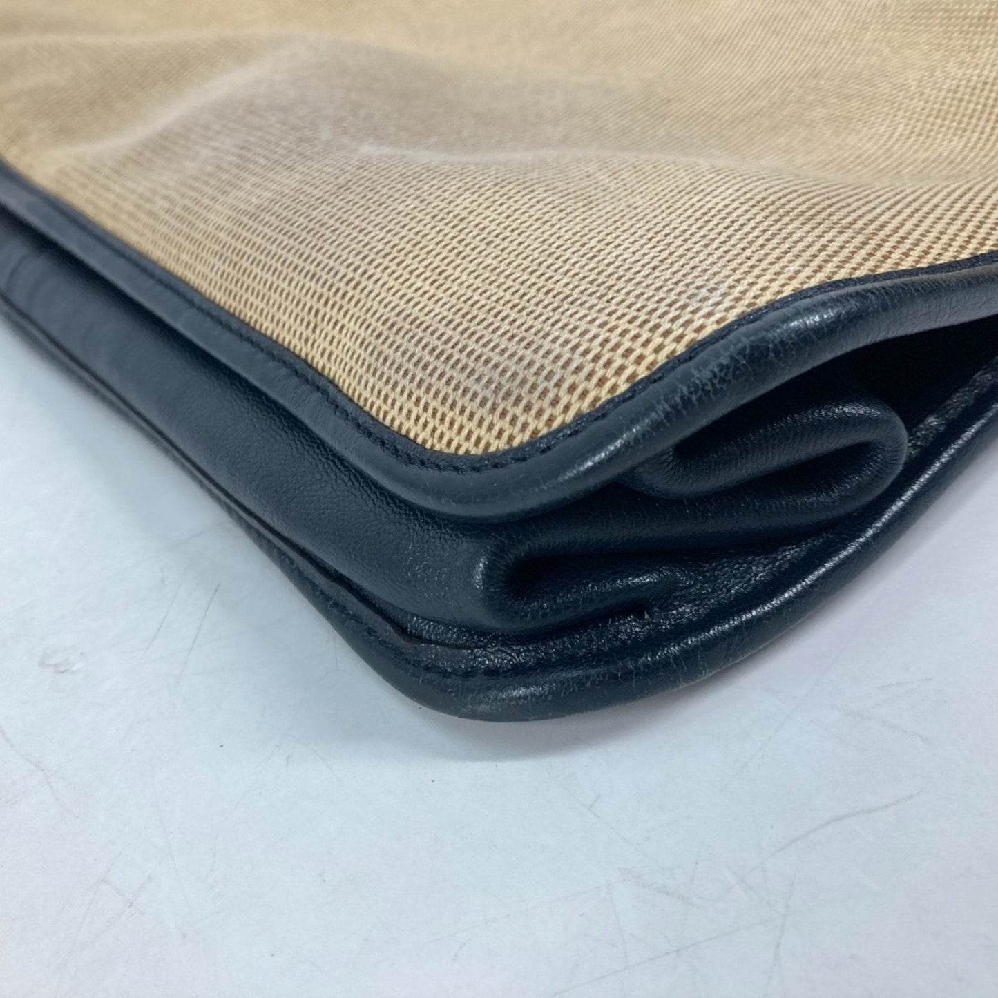 Gucci Beige Navy Canvas Leather Shoulder Bag Tote Bag ( )