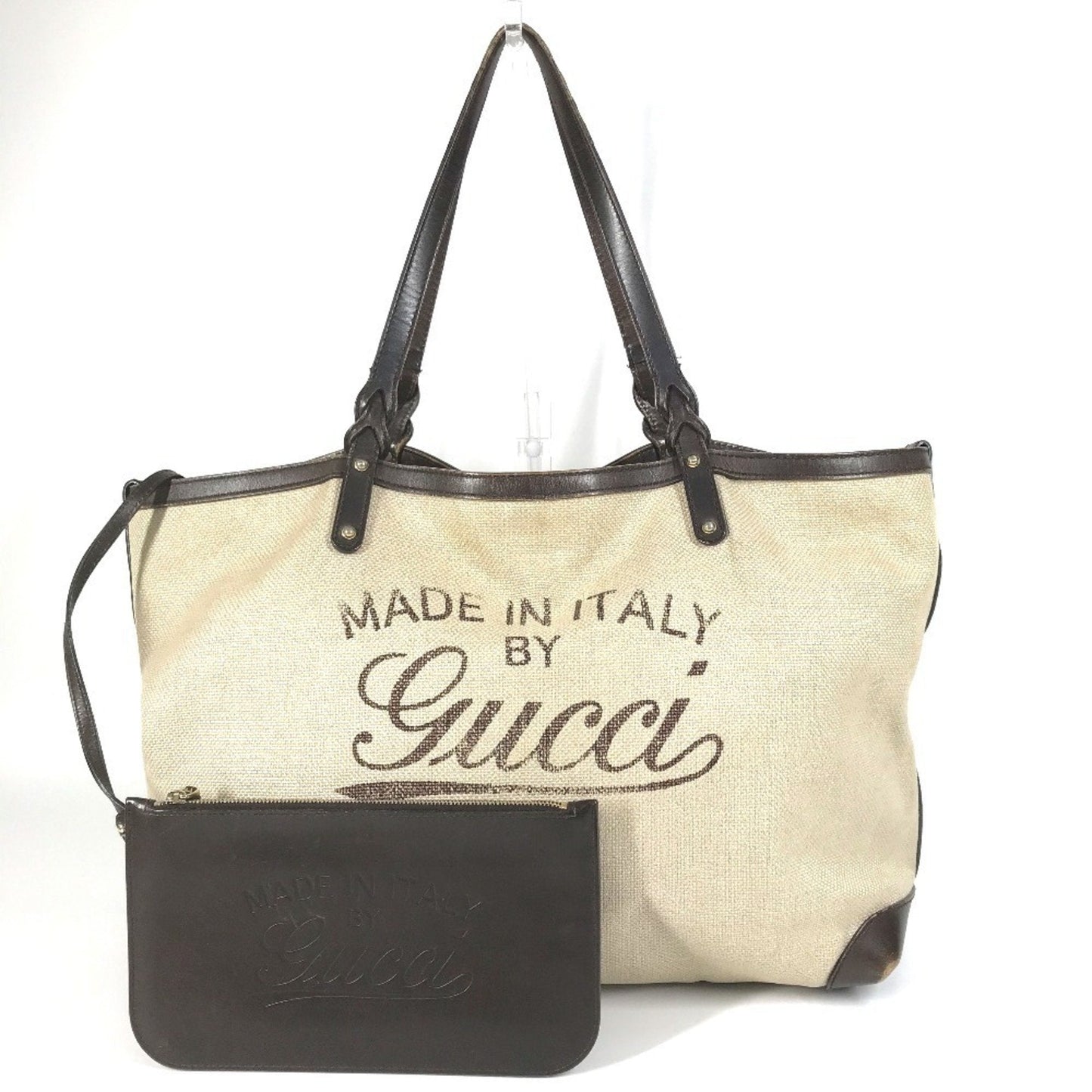 Gucci Beige Brown Leather Canvas Boston Bag Pouch Shoulder Bag Tote Bag ( )