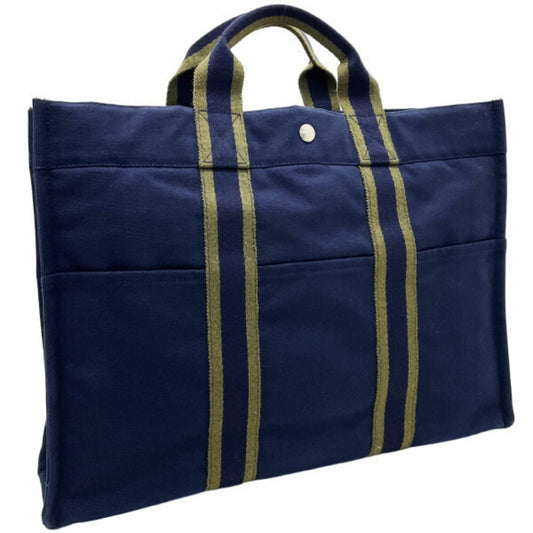 Hermes Fourre Tout Green Khaki Navy Canvas Handbag Tote Bag ( )
