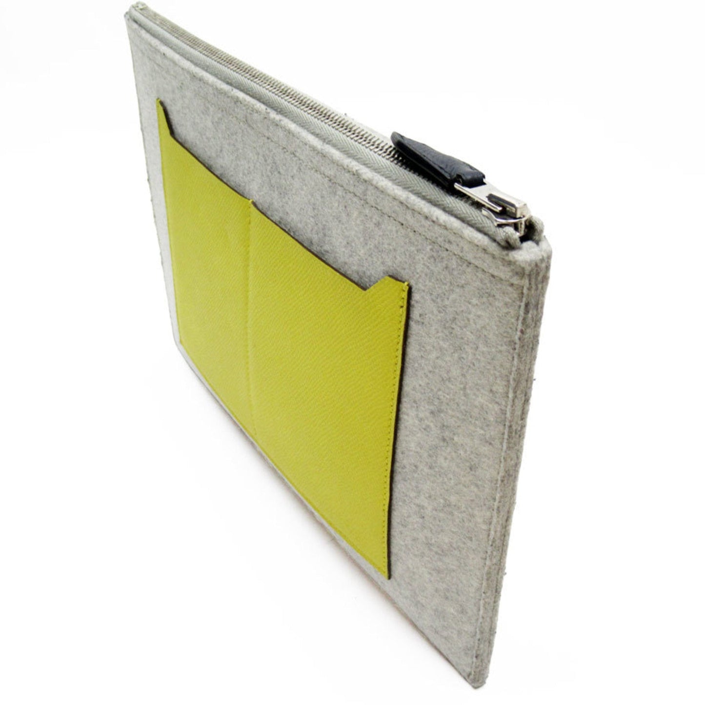 Hermes Light Gray Navy Yellow Felt Epsom Leather Clutch Bag ( )