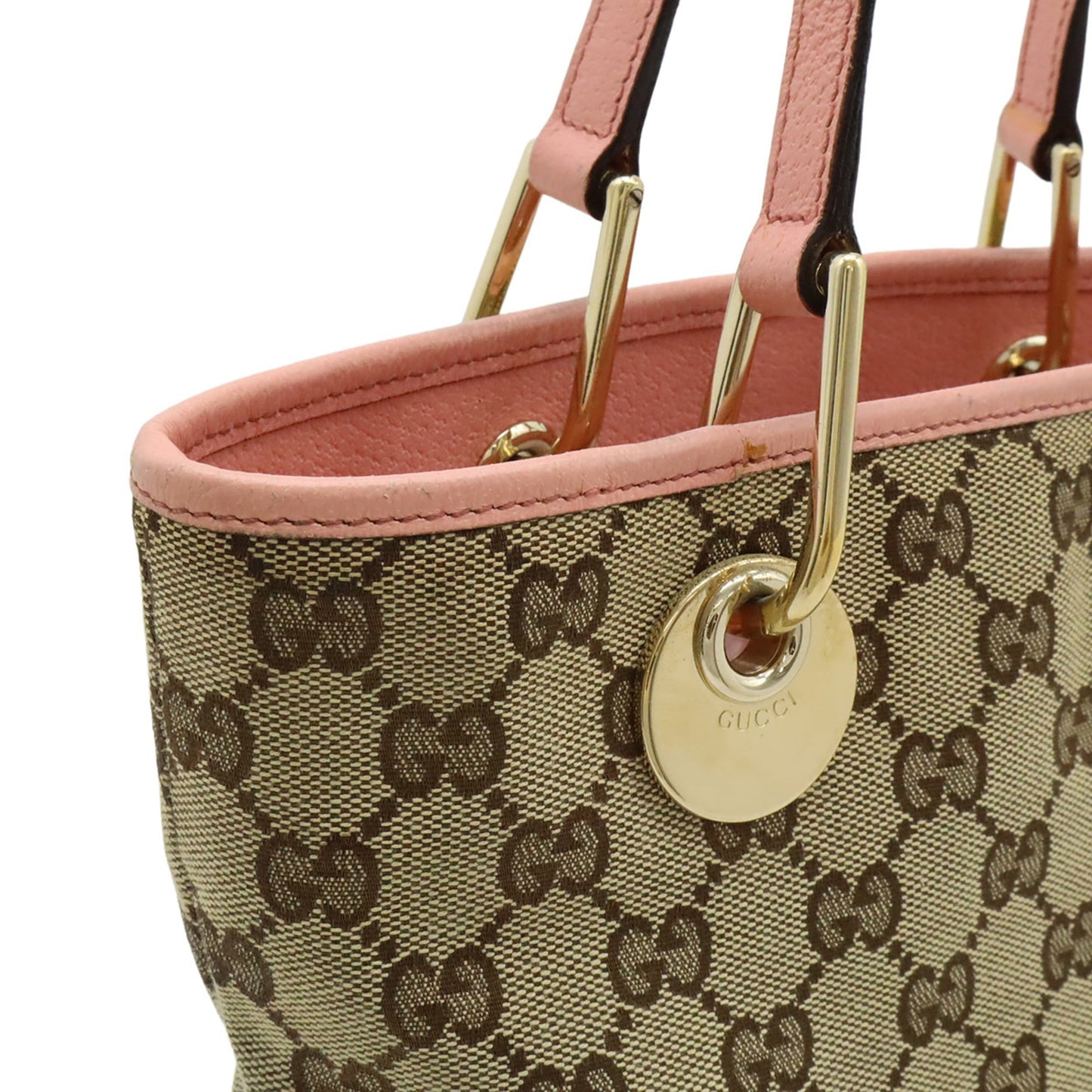 Gucci Beige Khaki Pink Canvas Leather Shoulder Bag Tote Bag ( )