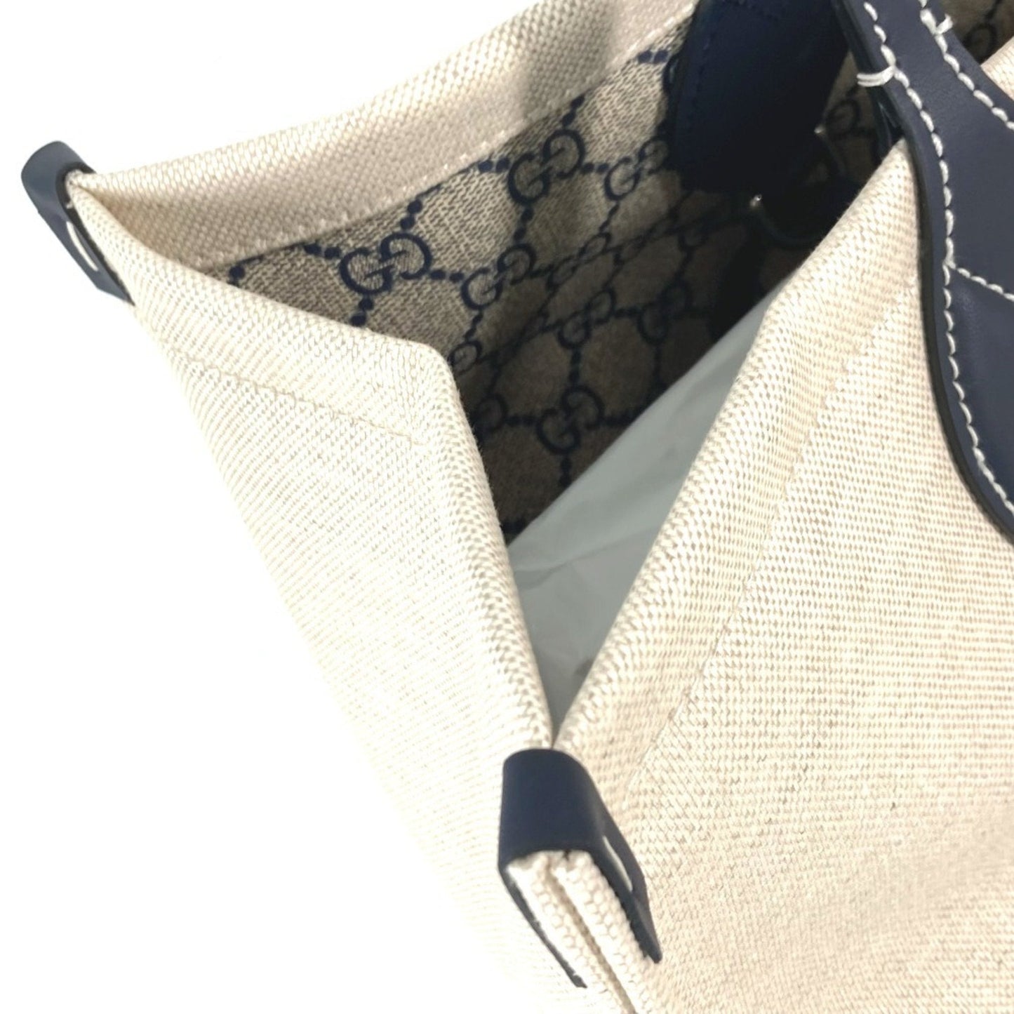 Gucci Beige Black Dark Navy Canvas Leather Shoulder Bag Tote Bag ( )